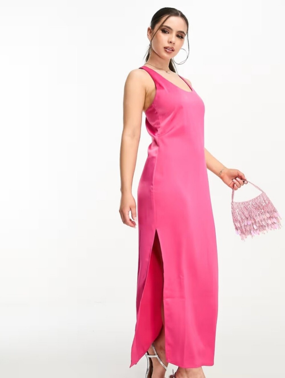 NWT 4TH RECKLESS Sleeveless Hot Pink Satin Maxi Dress with Side Slit